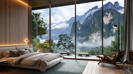 Modern Bedroom with Large Window Overlooking Mountain