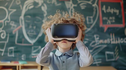 Young boy exploring virtual world on chalkboard with educational background
