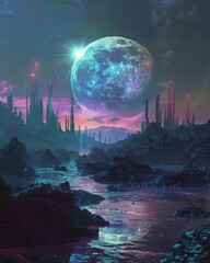 A futuristic scene with a holographic moon casting its glow over a digital landscape, blending technology and nature in a mesmerizing display