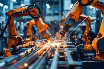 High-speed robotic welding machines fabricating metal frames for industrial equipment, illustrating the efficiency of automated production.