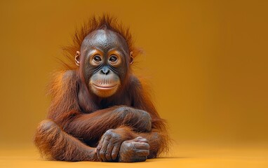 A baby orangutan sitting against a plain orange background. The orangutan appears to be calm and inquisitive, with a slight smile on its face.