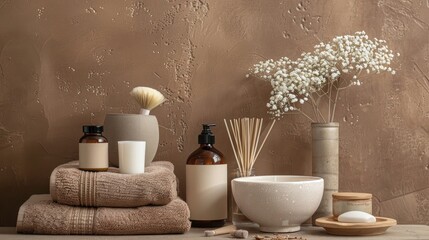 Fototapeta premium Decorative items in a spa setting with a brown backdrop