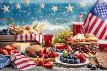 Naklejka premium Close-up of a beach picnic with American flag-themed food and decorations, vibrant colors, realistic, high detail, summer setting, 4th of July celebration