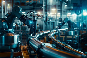 Fototapeta premium Robotic arms welding stainless steel pipes in a food processing plant, maintaining hygiene standards in food production.