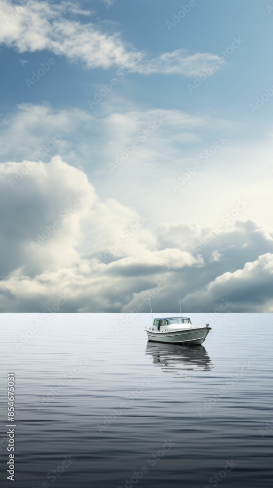 Poster a boat is floating on a calm lake with a cloudy sky in the background