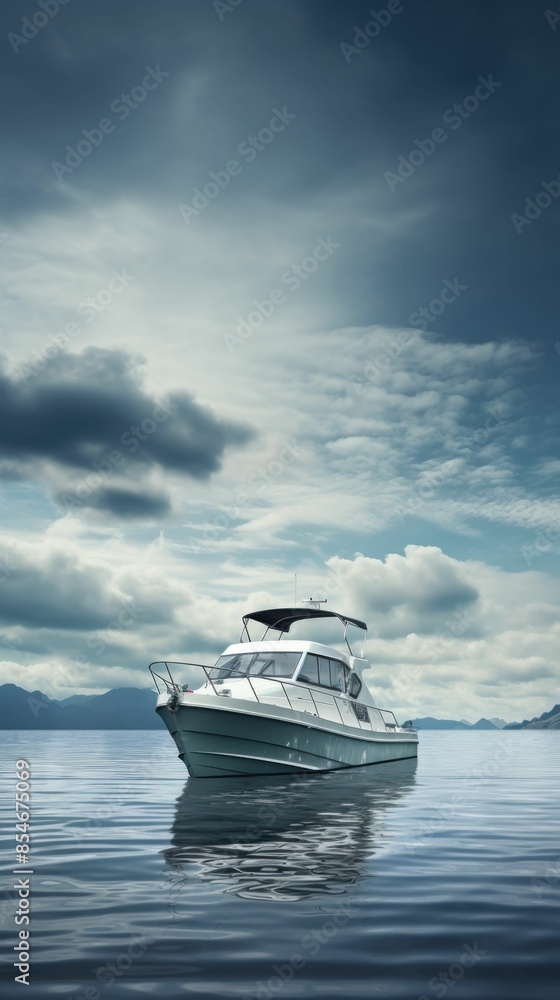 Poster a boat is floating on a lake with a cloudy sky in the background
