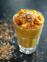 A glass filled with fruit and nuts on a table, perfect for a snack or decoration