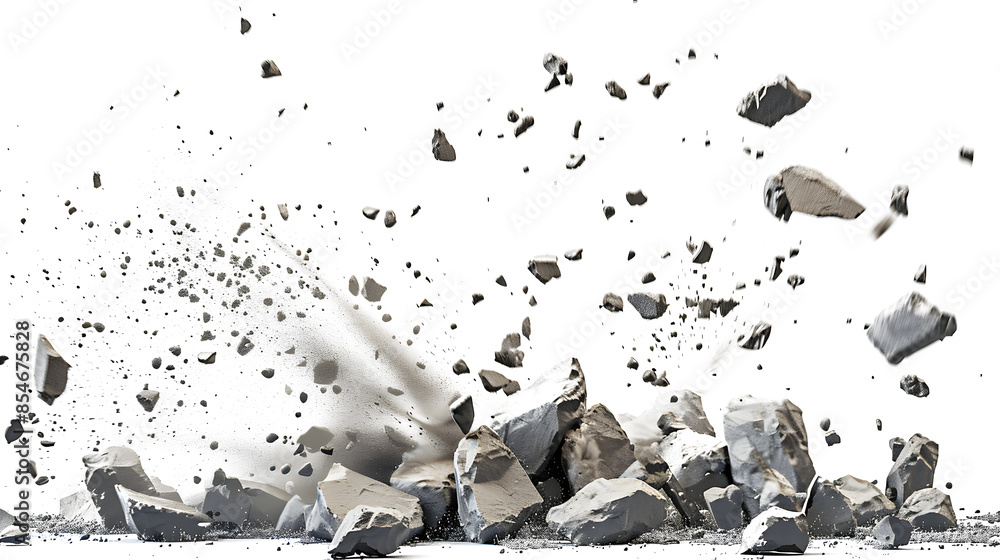 Aufkleber very small stone particles exploding in front of white background