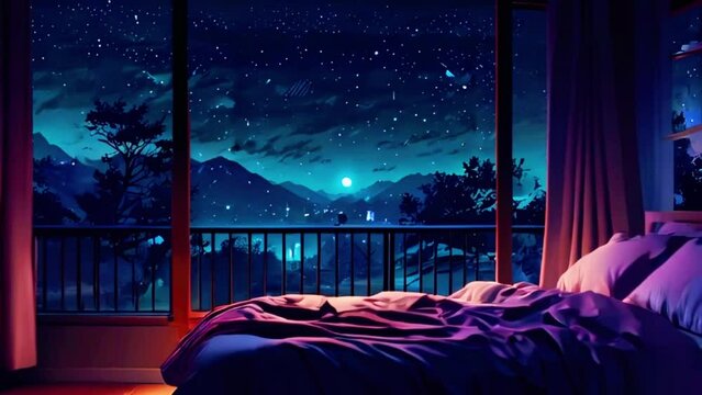 Instead of rain, show softly falling snow outside the window, adding to the cozy feel of the messy bed. The moonlight and soft lighting inside the room create a perfect winter night ambiance, anime