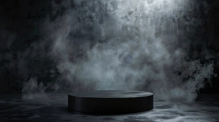 Podium black dark smoke background product platform abstract stage texture fog spotlight. Dark black floor podium dramatic empty night room table concrete wall scene place display studio smoky dust