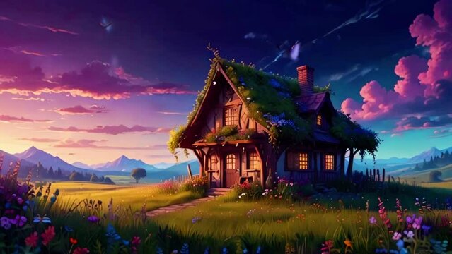 A quaint cottage in a lush meadow surrounded by wildflowers, with fairies flitting around and butterflies dancing, LoFi Music and Live Wallpaper Fantasy lands. 4k Lofi music background Animation Video