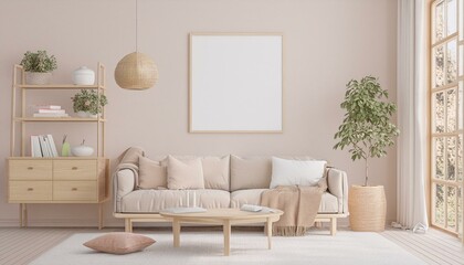 Fototapeta premium Frame mockup, ISO A paper size Living room wall poster mockup Interior mockup with house