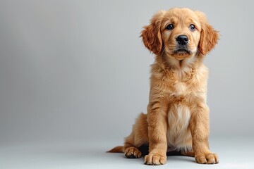 Adorable golden retriever puppy sitting against a grey background, looking attentively. Perfect for pet lovers and dog-themed designs.