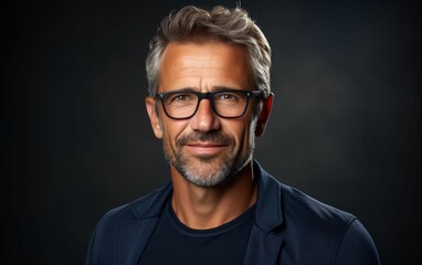Fototapeta premium A man with glasses is smiling and wearing a blue jacket. The image has a mood of happiness and warmth