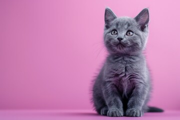 Fototapeta premium Adorable gray kitten sitting on a pink background, looking curious and playful. Perfect for pet-related content and lifestyle blogs.