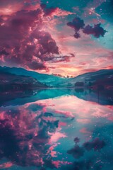 A stunning holographic lake reflects a digital sky, creating a surreal and futuristic landscape