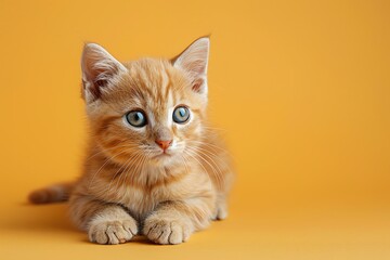 Adorable orange tabby kitten with blue eyes lying down against a bright orange background, capturing a calm and curious expression.