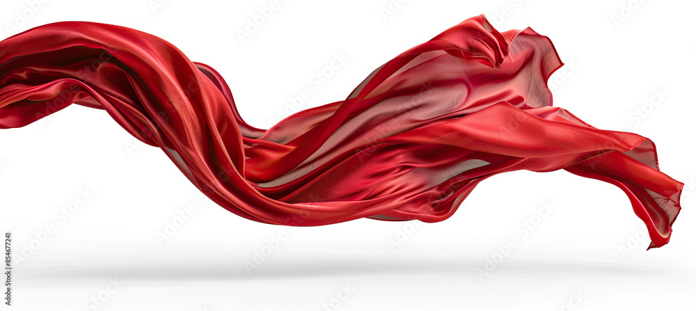 Sticker red long silk or satin fabric floating isolated on white background