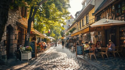 Fototapeta premium Charming cobblestone street lined with traditional european-style buildings