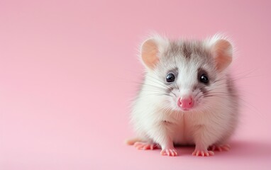 Adorable small rodent with large eyes and pink nose against pastel pink background, showcasing cuteness and innocence.