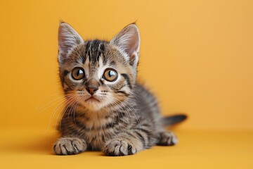 Obraz premium Adorable tabby kitten with big eyes lying on a yellow background, looking curiously at the camera. Perfect for pet and animal-themed designs.