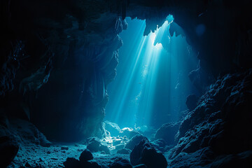 Obraz premium Mysterious Underwater Cave Illuminated in the Ocean Depths 