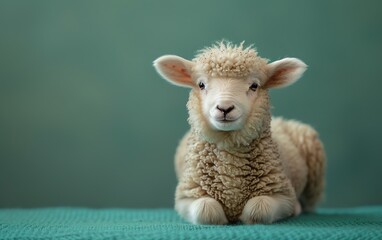 Adorable young lamb sitting on a green surface against a blurred background, showcasing nature and cuteness.