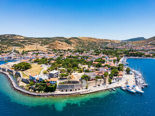 Eski Foca aerial drone view, a popular resort on the Aegean coast in Izmir, Turkey