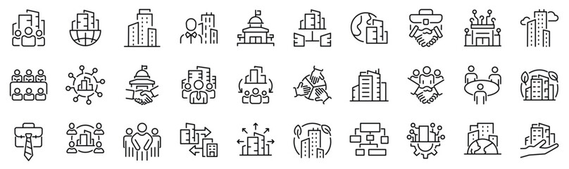 Set of 30 outline icons related to corporate. Linear icon collection. Editable stroke. Vector illustration