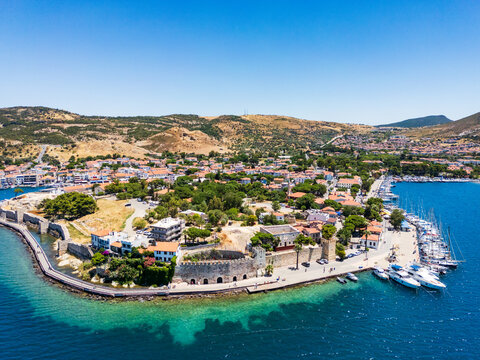 Eski Foca aerial drone view, a popular resort on the Aegean coast in Izmir, Turkey