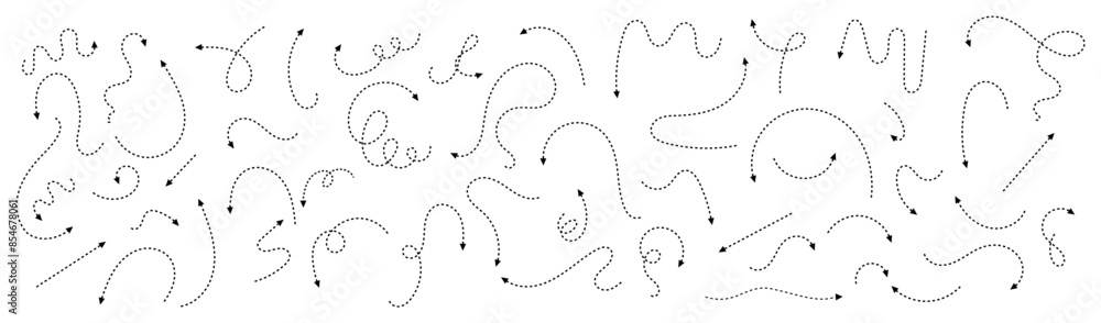 Poster set of hand drawn thin dash line arrows. collection of curved pointers. black dot vector pointers po