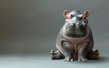 Obraz premium Close-up of a cute baby hippo sitting on a smooth surface with a gray background, capturing its adorable features and chubby body.