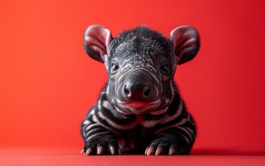 Close-up of an adorable baby tapir against a vibrant red background, showcasing its unique markings and endearing expression.