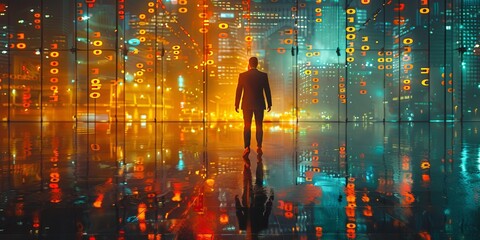 Man in suit standing in futuristic cityscape with digital binary code overlay