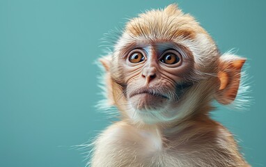 Close-up portrait of a curious young monkey with a turquoise background, capturing its expressive eyes and characteristic features.