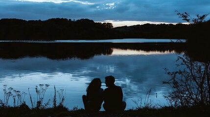 A couple sitting by a lake at dusk, their reflections shimmering on the water, a feeling of calm and togetherness