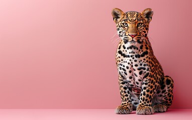 Cute leopard cub sitting against a plain pink background, perfect for animal-themed designs and wildlife illustrations.