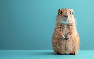 Cute prairie dog standing on hind legs, isolated on a blue background. Adorable rodent animal photography in studio setting.