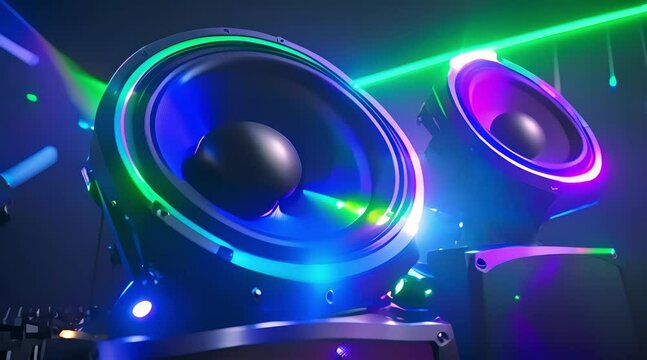 background music, close-up speakers with colorful neon lights, 4k resolution footage, generated ai