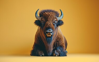 Majestic bison sitting against a vibrant yellow background, showcasing its powerful horns and furry coat.