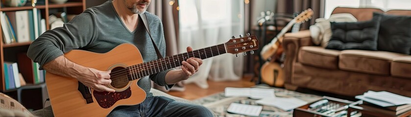 A man playing guitar in a cozy living room, music sheets scattered around, a sense of passion and creativity