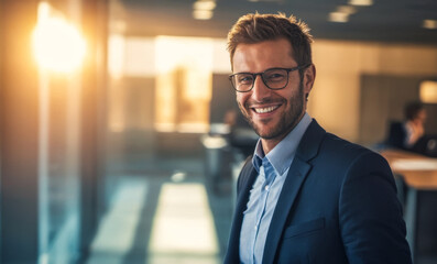 Obraz premium Confident corporate manager in office at sunset, successful professional ending workday with satisfaction, business person in suit at golden hour, tranquil moment for accomplished career individual