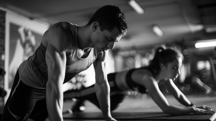 Fototapeta premium A pair of people performing push-ups together in a modern fitness center