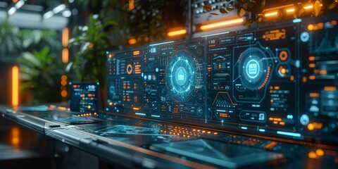 Futuristic control room with digital screens and green plants integrated into the design