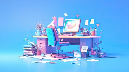 Graphic designer setup, with computer, soft-colored tools, and a creative studio environmen