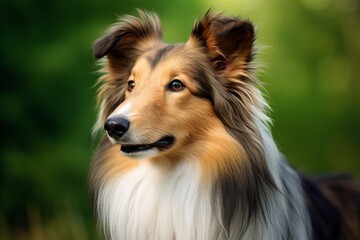 Portrait of a cute shetland sheepdog isolated in soft green background