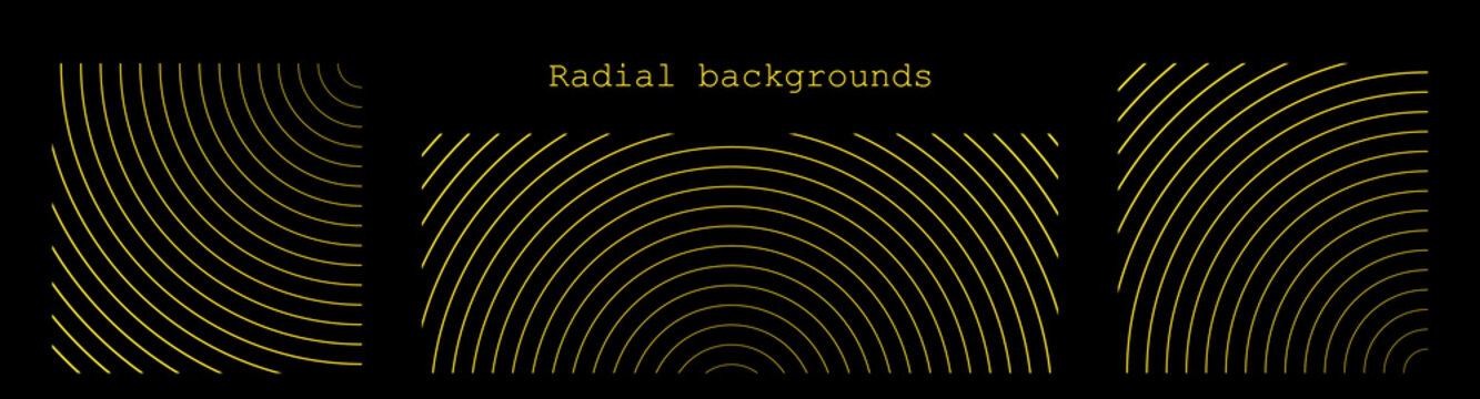 Sound wave irradiation or circular vibrations on the water surface. Set or circular stripe backgrounds. Abstract radial pattern. Square and rectangular monochrome backdrops. Vector illustration.