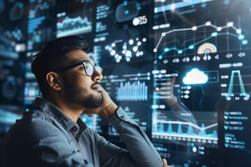 Businessman analyzing data on multiple screens with futuristic interface and data charts in an office setting.