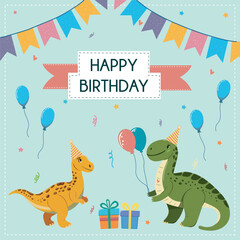 Fototapeta premium childrens cute greeting card dinosaur happy birthday. Best friends party 