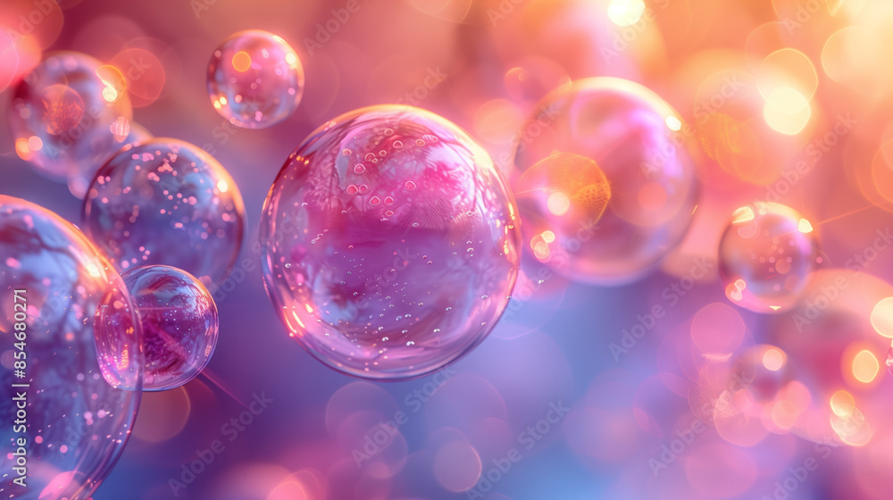 Poster a group of colorful bubbles float in a hazy, pink and purple background, creating a mesmerizing and 